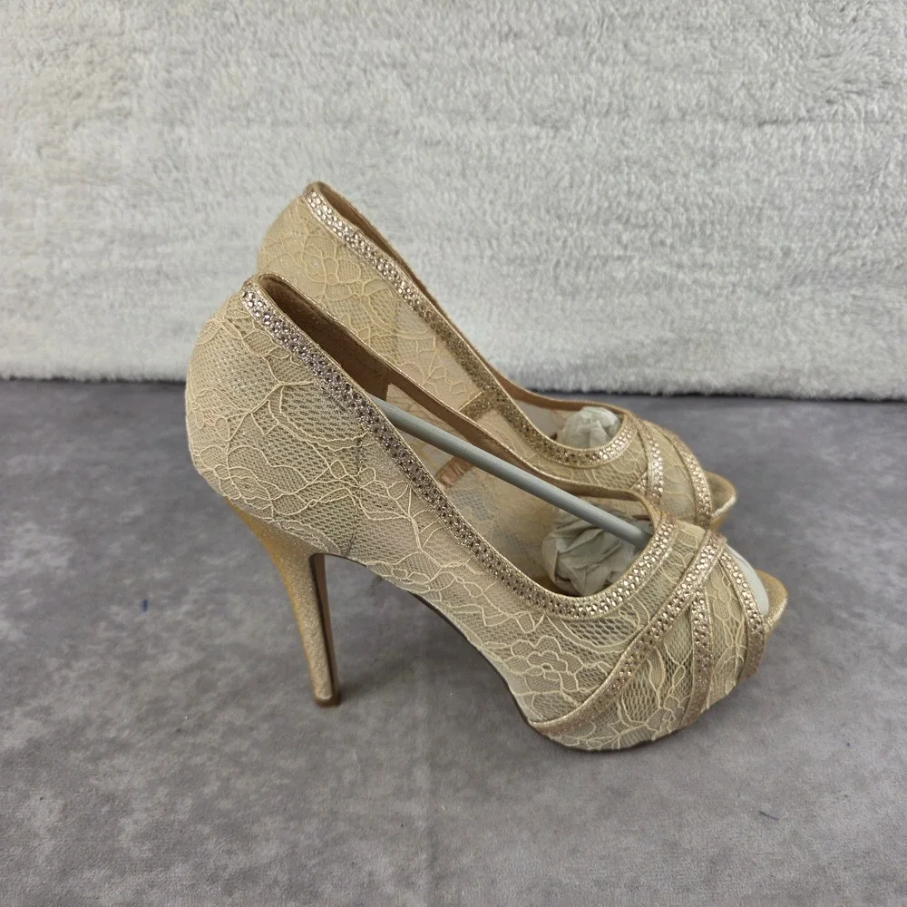 Lauren Lorraine Viv Champagne Lace Rhinestone Peep Toe Platform Pump Heels 8.5